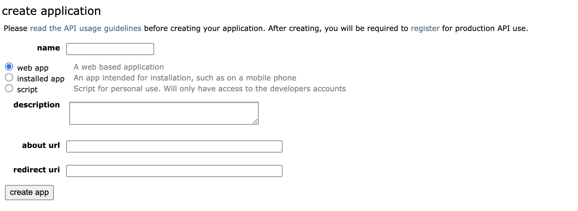Reddit oauth application creation screen to generate a Reddit API token